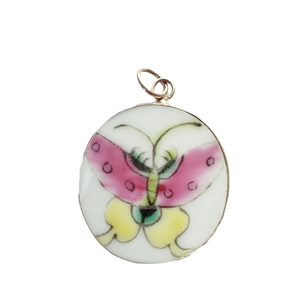 Vintage Hand Painted Porcelain Butterfly Pendant Pink Yellow Pottery Shard Focal